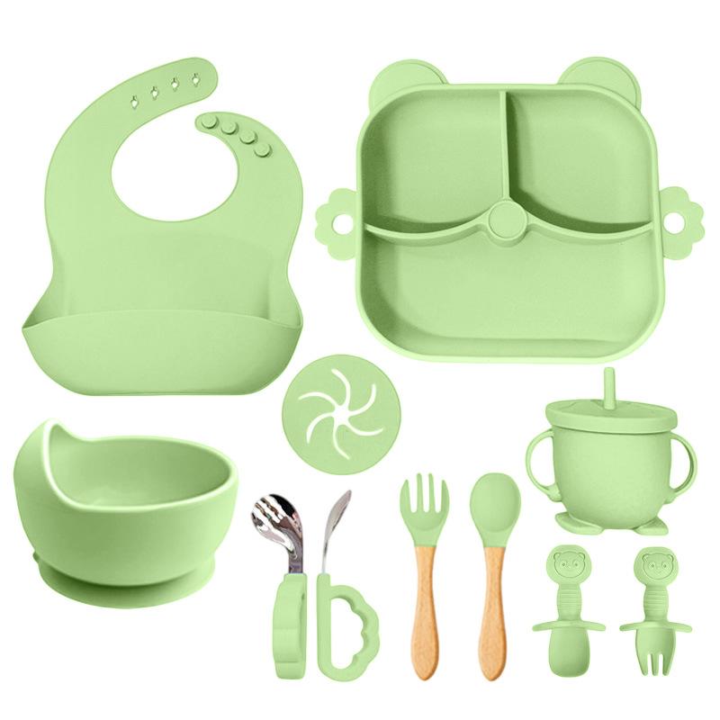 11-Piece Children s Silicone Bear Feeding Set: Food-Grade Bib, Bowl, Straw Cup & Tableware