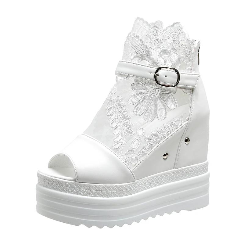 Fashion Comemore Summer Buckle Platform Sandals Women Cool Boots 10cm Wedges High Heel Height Increasing Peep Toe Lace Breathable Shoes