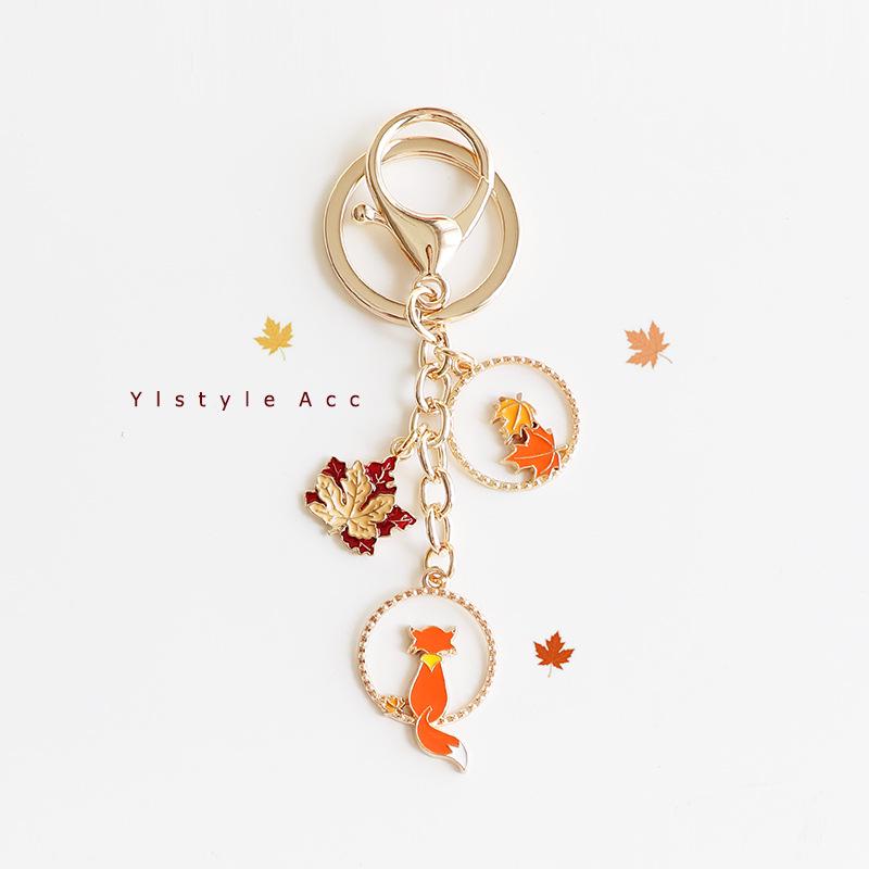 Handmade Cartoon Fox & Maple Leaf Keychain - Couple Bag Charm and Car Accessory
