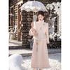 Pink Gentle Retro Style Cheongsam Dress Set Young Girl Winter Long Sleeves Warm Daily Wear Temperament