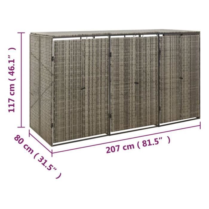 VidaXL Triple Bin Shelter Grey 207x80x117 Cm Woven Resin 319866