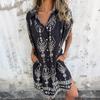 Amazon 2026 new European and American summer loose casual short-sleeved cotton and linen shirt pocket print dress women