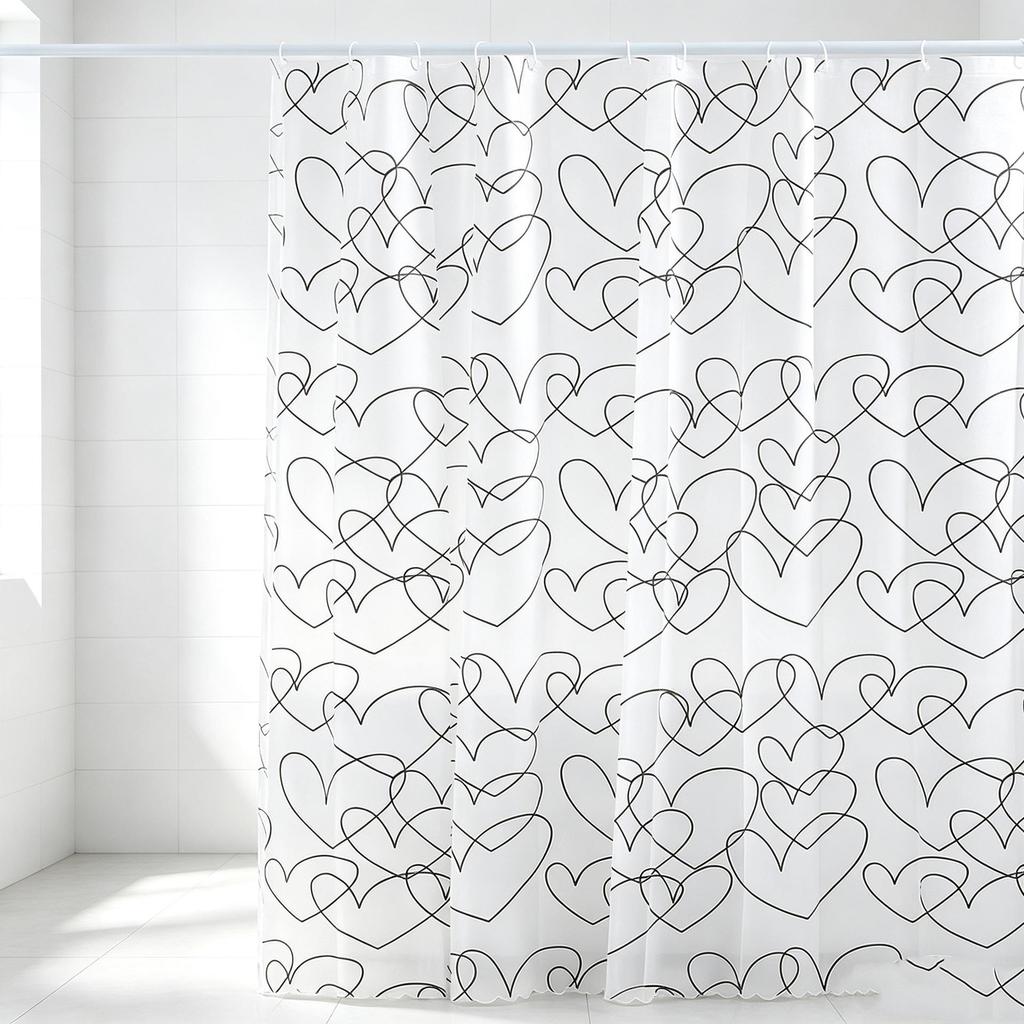 Heart Print Waterproof PEVA Shower Curtain, Anti-Mold Plastic Partition for Bathroom