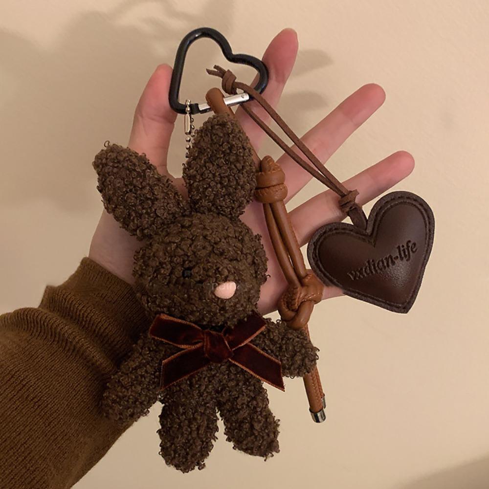 Cute Plush Bunny Keychain Cartoon Doll Kawaii Leather Heart Pendant Bag Charm Couples