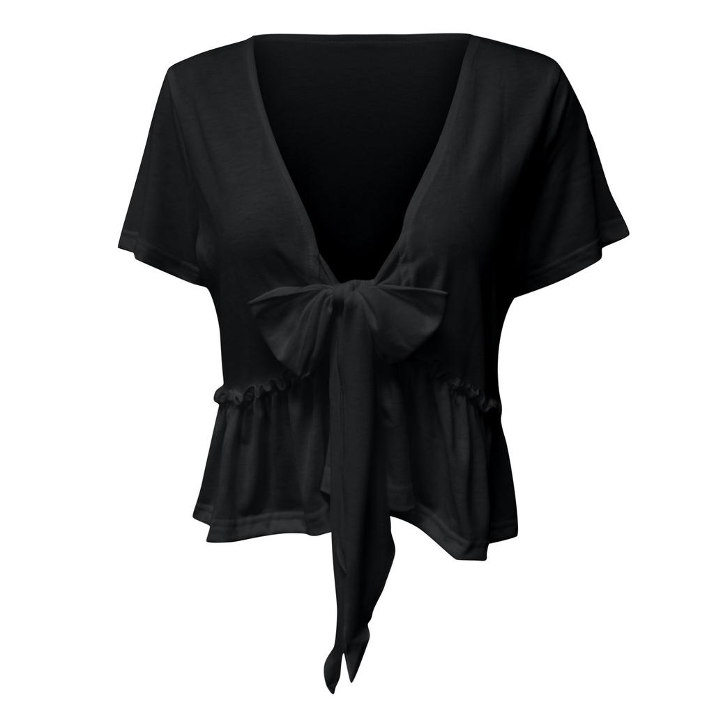 Women's Summer Fashion Colour Loose Short Sleeve Tie Ruffle Top