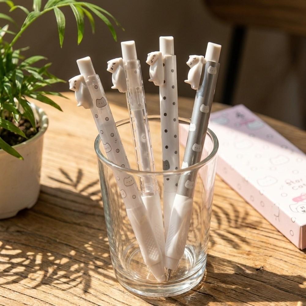12 pcs/set 0.5mm Fine Tip Retractable Gel Pens Smooth Writing Black Kawaii Floating Cat Pens Quick Dry Ink Press-Type