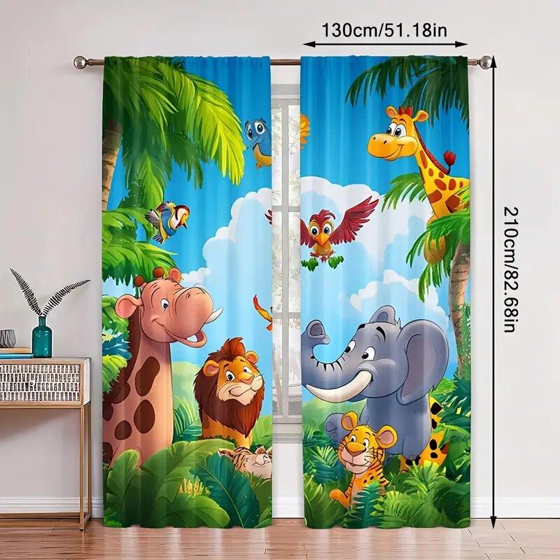 Set Of 2 Elephants Giraffes Lions Tigers Children Room Decorations Print Curtains Pole Bag Home Decoration Curtain Polyester