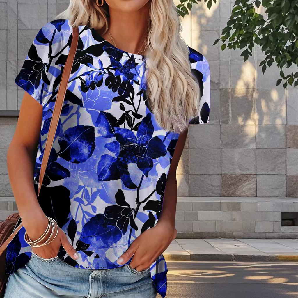 Dam Sommar T-shirt Vackert Blomtryck Retro Mode Kortärmade T-shirts Casual Tryckta Toppar