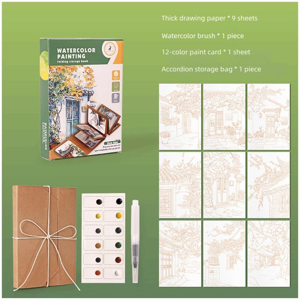 12 Colors Solid Pigment Watercolor Painting Book Thick Kraft Paper Watercolor Book Organ Folding Folding Storage Book Adult Kids