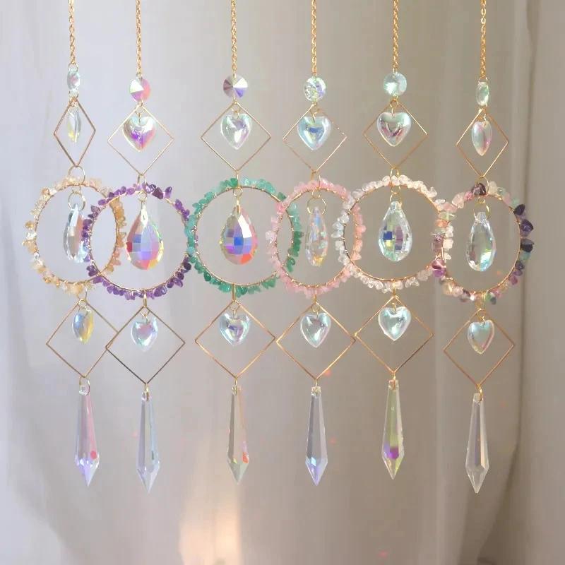 Crystal Sun Catcher Hanging Pendant Wind Chimes Chakra Artificial Agate Raw Stone Crystal Stained Glass Home Window Decoration