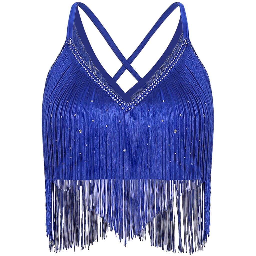 Womens Salsa Dance Top Latin Performance Wear V Neck Sleeveless Crop Top Crisscross Back Fringe Detail