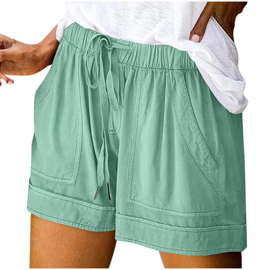 Women's Summer Large Size Loose Solid Color Drawstring Lace-Up Pocket Casual Shorts Women