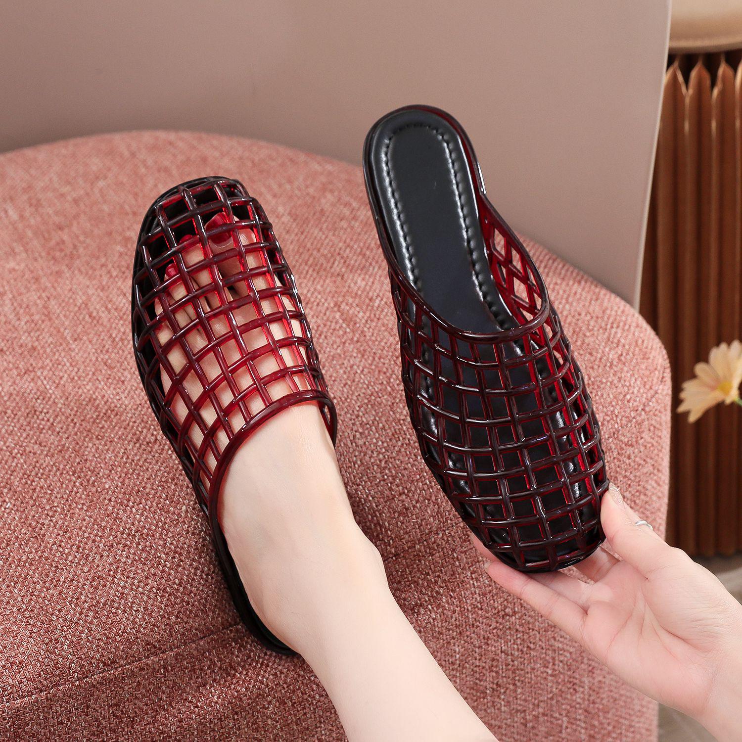 Women s Crystal Mesh Flat Jelly Shoes, Closed-toe Round Slip-on Sandals, Breathable Summer Mules & Slippers. 37