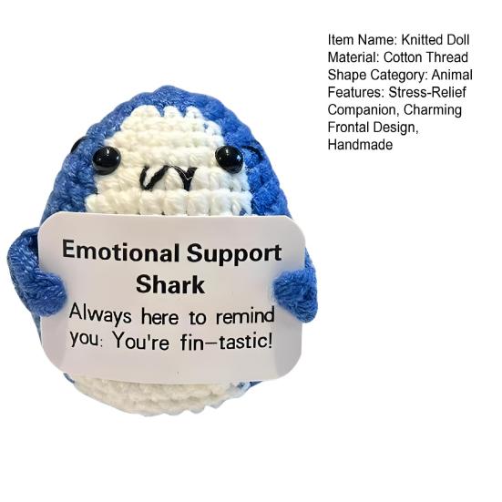 Emotional Support Shark Knitted Doll Positive Crochet Shark Gift Handcrafted Stress Relief Doll with Motivational Card Home Office Decor