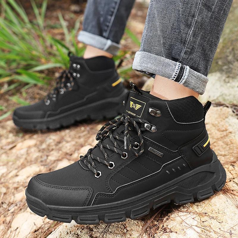Fashion High-Top Leather Men's Boots Breathable Desert Combat Boots Outdoor Non-slip Hiking Shoes Men Motorcycle Shoes Work Ankle Boots