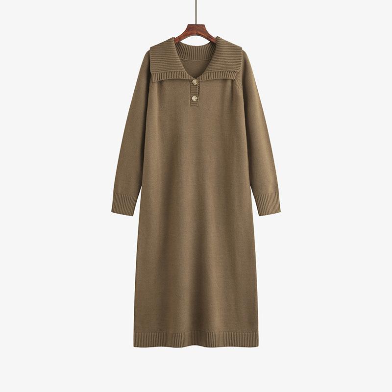 

Плюс Размер Женский Поло Воротник Прямая Юбка Свободный Трикотажный Свитер Платье XXXL кофейный