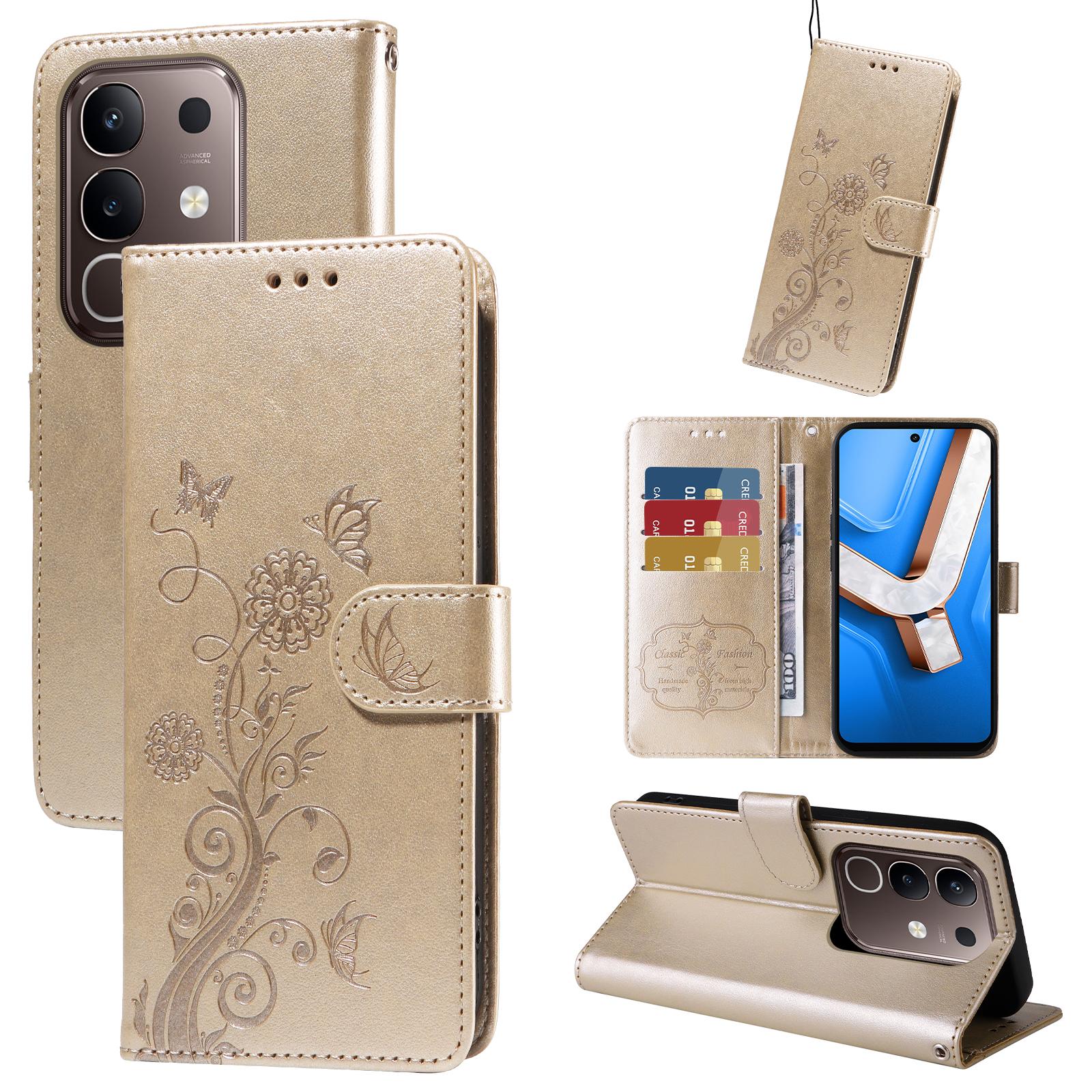

For vivo Y29 4G Leather Case Butterfly Floral Imprint Wallet Stand Cover Green