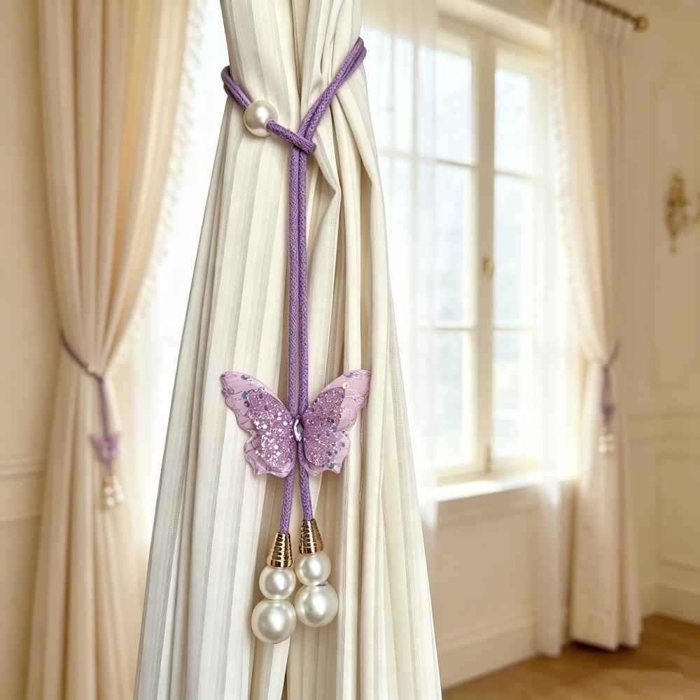 2PCS Artificial Pearl Butterfly Curtain Tie Strap Creative Curtain Rope Gauze Curtain фиолетовый