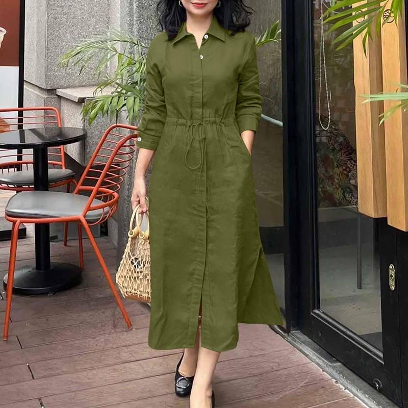 

ZANZEA Women Casual Turn Down Collar Long Sleeve Loose Drawstring Dress 4XL
