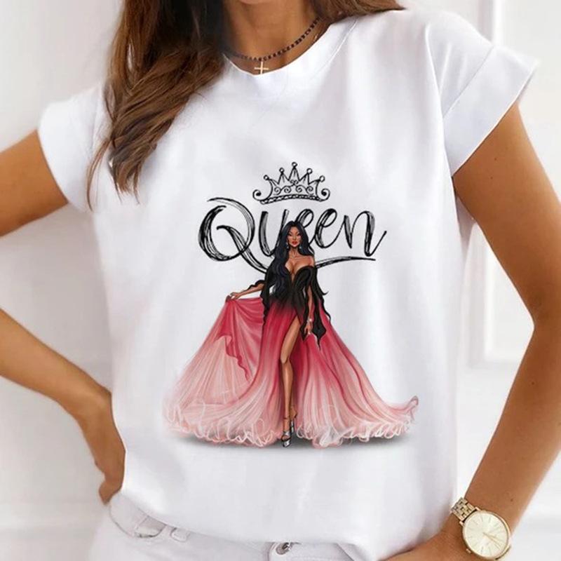 Camiseta de Verano de Cuello Redondo con Estampado 3D de Patrón de Reina, Camisetas de Mujer Casuales de Moda de Manga Corta