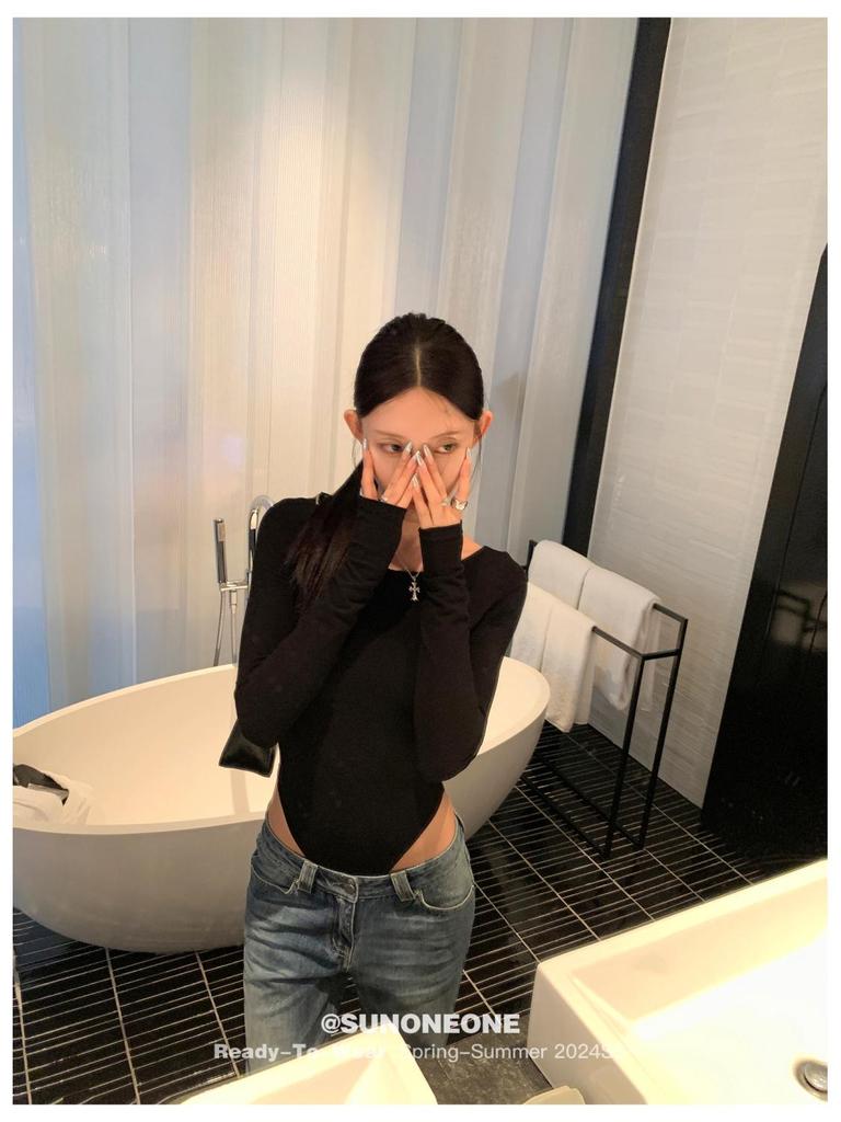 Women's Sexy Twisted Long-Sleeve Bodysuit with Chest Pads, Cross Back, Collarbones Showcase, Crotch Opening, European & American Style.