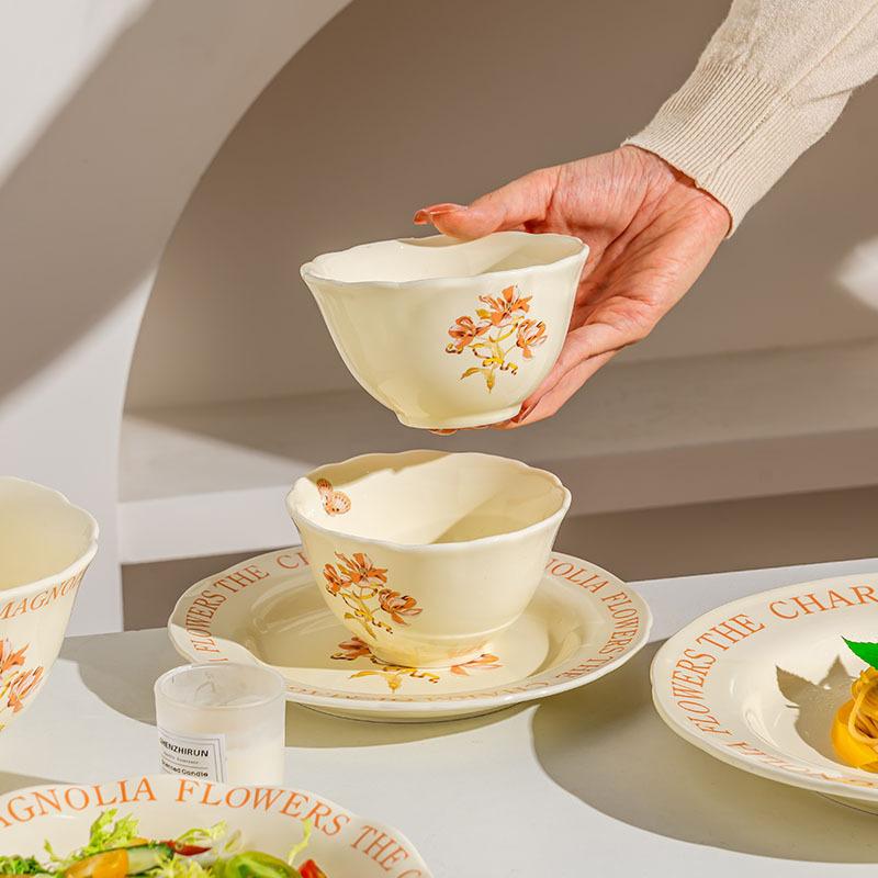 French Flower Ceramic Tableware Simple Cream Wind Bowl Set Household Rice Bowl Soup Bowl High Value Bowl