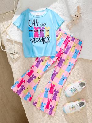 Casual and Simple Summer Flared Pants Set Girls' Colorful Rabbit Print Top + Elastic Colorful Rabbit All-Over Print Set