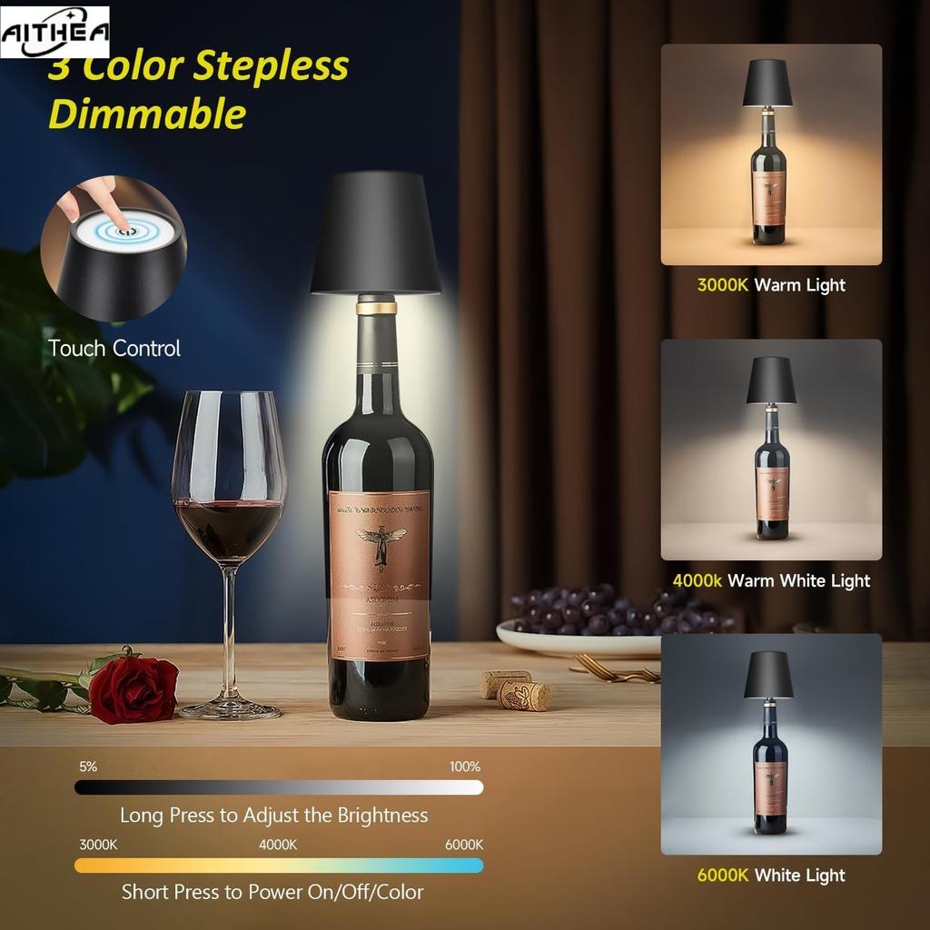 AITHEA Wireless Table Lamp LED Wine Bottle Base Rechargeable Vases Light Touch Switch Bar Dining Lamp
