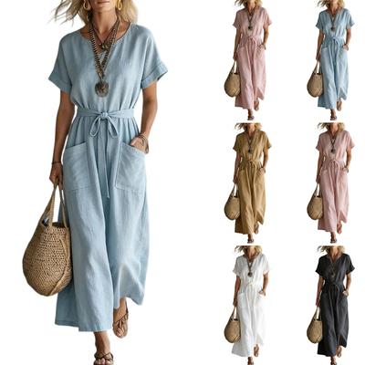 Women’s Short Sleeve V Neck Maxi Dress with Waist Tie and Large Front Pockets Loose Fit Casual Long Dress