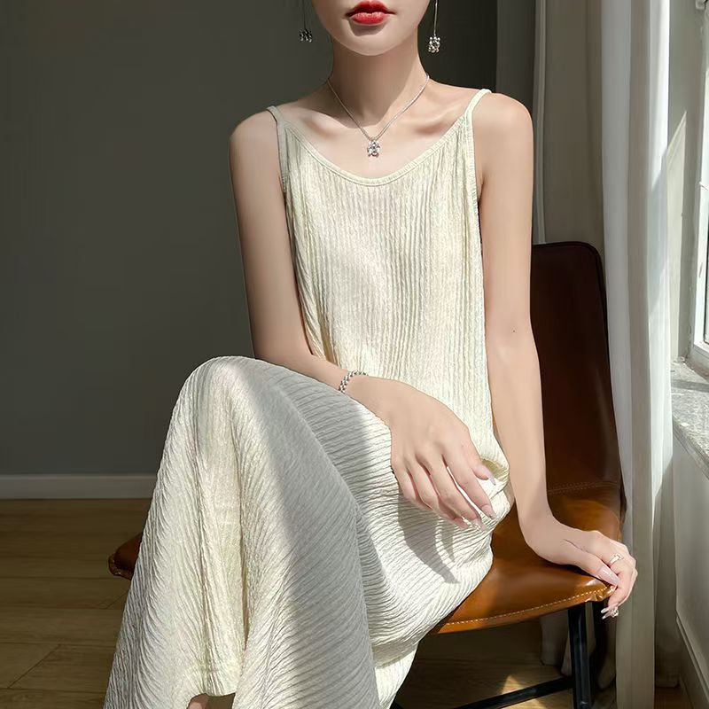 Women's Summer Pleated Suspender Slimming Dress Casual All-Match Loose Drooping Dress