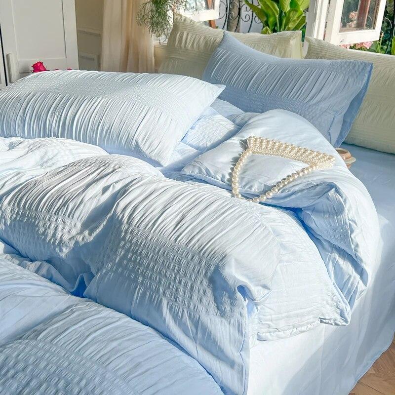 Set de lenjerie de pat prințesă coreeană Seersucker husă de pilotă cearșaf plate, față de pernă, set de lenjerie de pat, cuvertură moale, set de lenjerie de pat