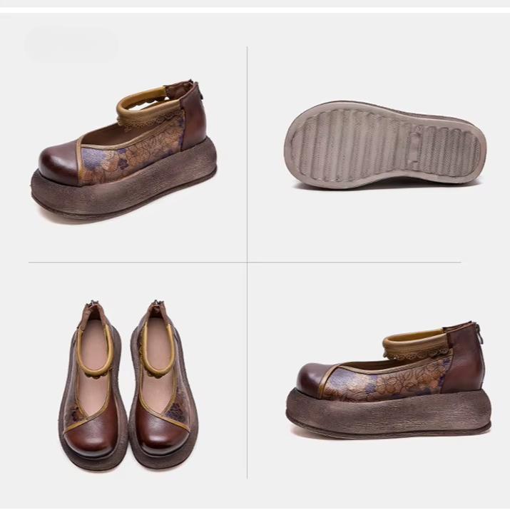 Johnature Thick Soled Height Increasing Shoes Genuine Leather Printed Retro Women's Flat Platform Shoes