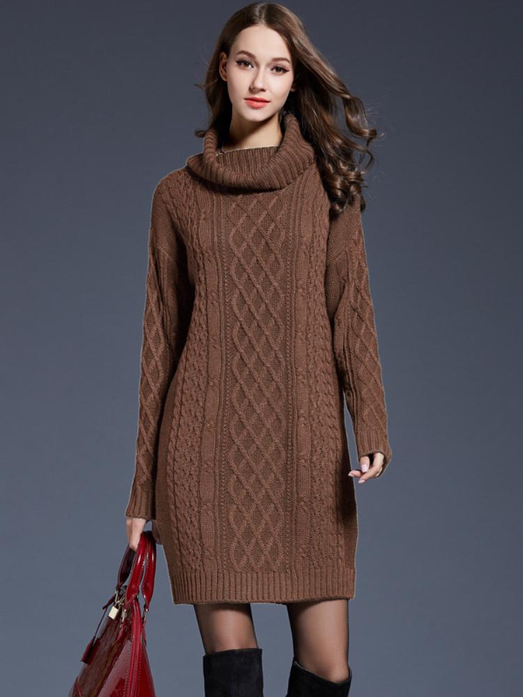 

Осенне-зимнее женское вязаное платье-свитер большого размера, длинный свитер с высоким воротом для женщин 4XL коричневый