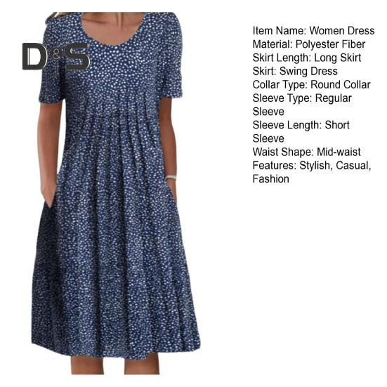 Women's Floral Print Tunic Shirt Dress Short Sleeve Crew Neck Pleated Midi Dress with Pockets Summer Boho Swing Sundress