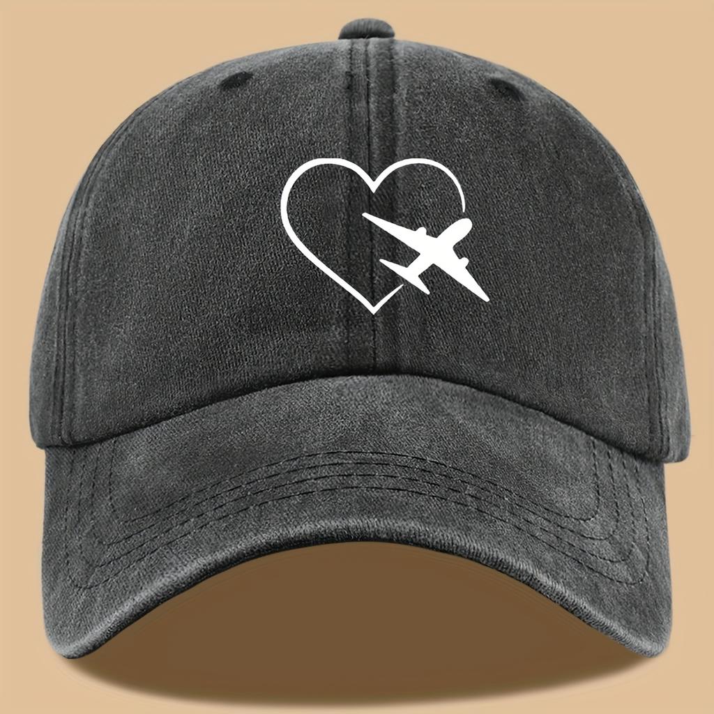 Heart & Plane Print Hip-Hop Dad Hat Adjustable Washable Baseball Cap Outdoor Adventure Cycling Sun Protection Hat
