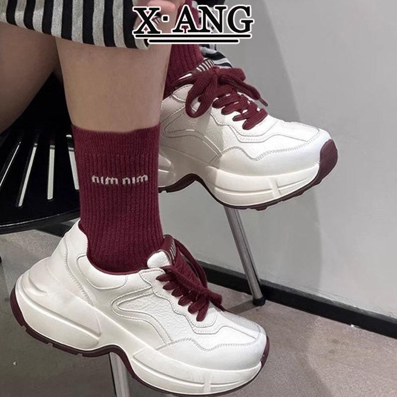 

Ankola red women s shoes leather dad shoes children s versatile spring new thick-soled heightening casual sports shoes 40