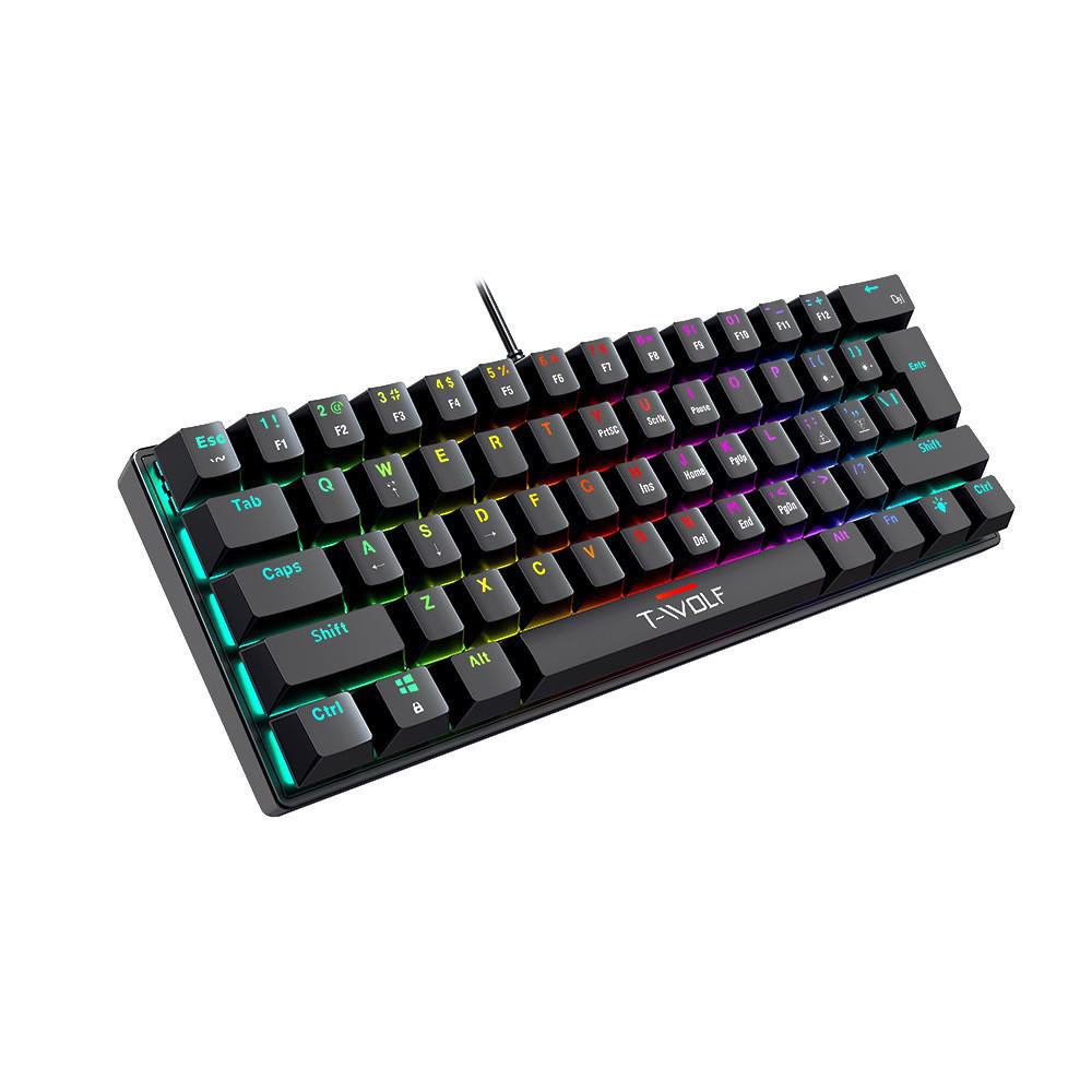 T-WOLF T61 RGB Backlit Wired Mechanical Gaming Keyboard, Blue Switches, 61-Key Portable Design.