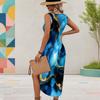 Women Plus Size Sleeveless U Neck Blue Gold Printed Dress High Side Slit Curved Hem
