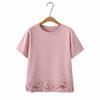 Plus Size Women Cotton Blend Short Sleeve T-Shirt Round Neck Floral Embroidery Hem Loose Slim Fit Casual Elegant Blouse Summer Daily Tops Item 23-727