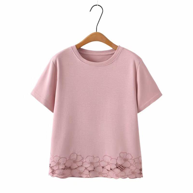 Plus Size Women Cotton Blend Short Sleeve T-Shirt Round Neck Floral Embroidery Hem Loose Slim Fit Casual Elegant Blouse Summer Daily Tops Item 23-727