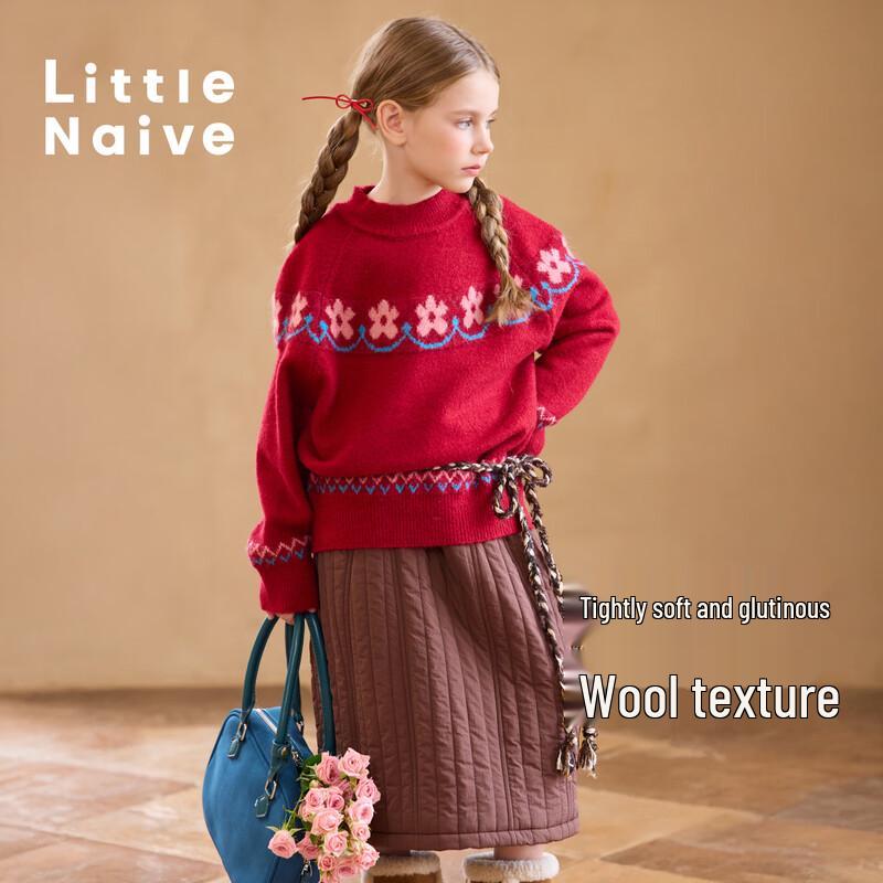 

Little Naive Girls Floral Color-block Wool Blend Sweater 140