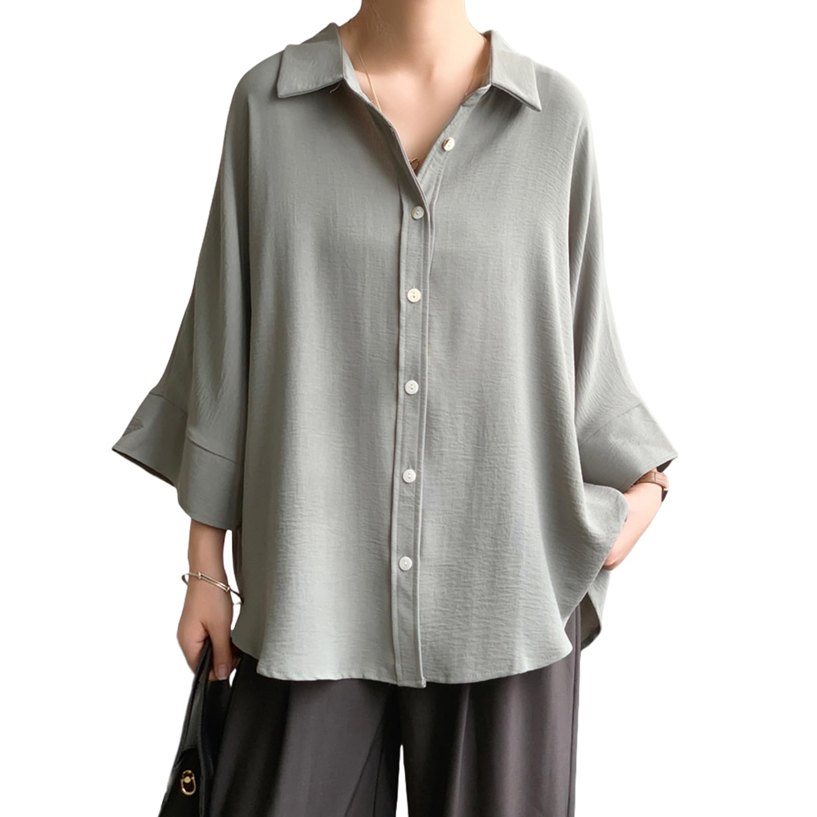 

Блузка женская Leadamon-oee с коротким рукавом, открытая, однотонная, большого размера, свободного кроя, идеально подходит для офиса, на каждый день, на осень, воротник, спереди, рукава 3/4, цвет, размеры, серый