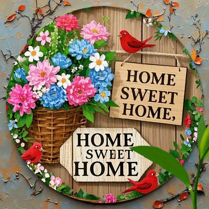 

2d Flat 20*20cm Home sweet Home circular Wooden Wall Hanging, Designed with Rural Flowers and Birds, Suitable for Entrance, Living Room and garden. 20*20cm