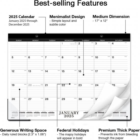 Desk Calendar 2025 - JAN. 2025 - DEC. 2025, 12 Monthly Calendar 2025,17" X 22", 2025 Large Desk Calendar with Thick Paper, Calendar with Corner