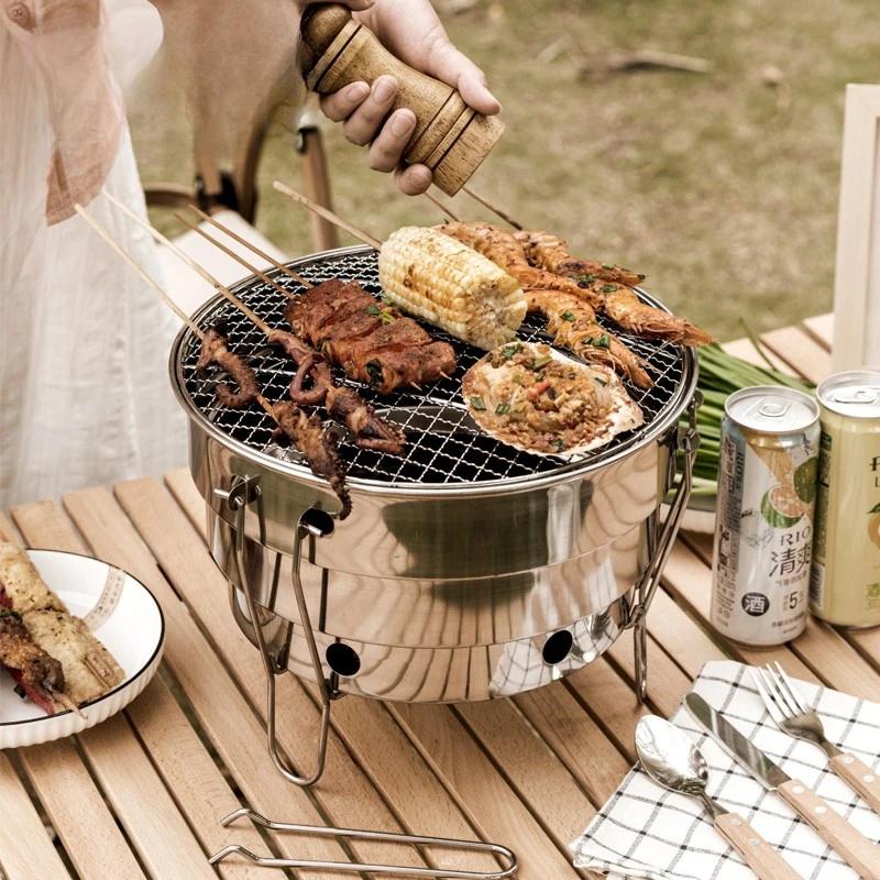 Outdoor BBQ Klappbar Teilbar Tragbar Edelstahl Feuerstelle Kochzubehör Picknick Holzkohle Grillmaschine Campingausrüstung