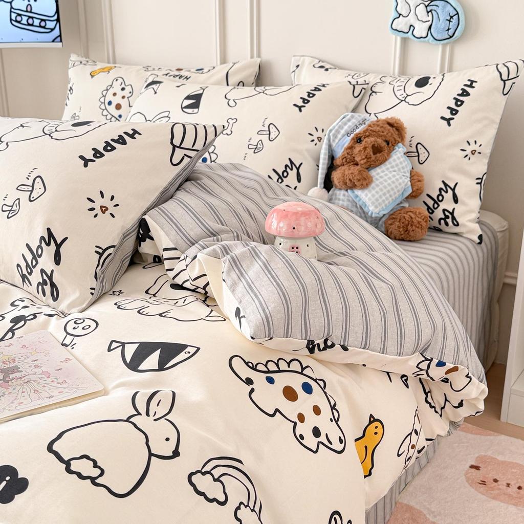 Bavlněné povlečení s kresleným potiskem na jaro a léto: Měkké, Šetrné k pokožce, Svieží styl, 4dílné.