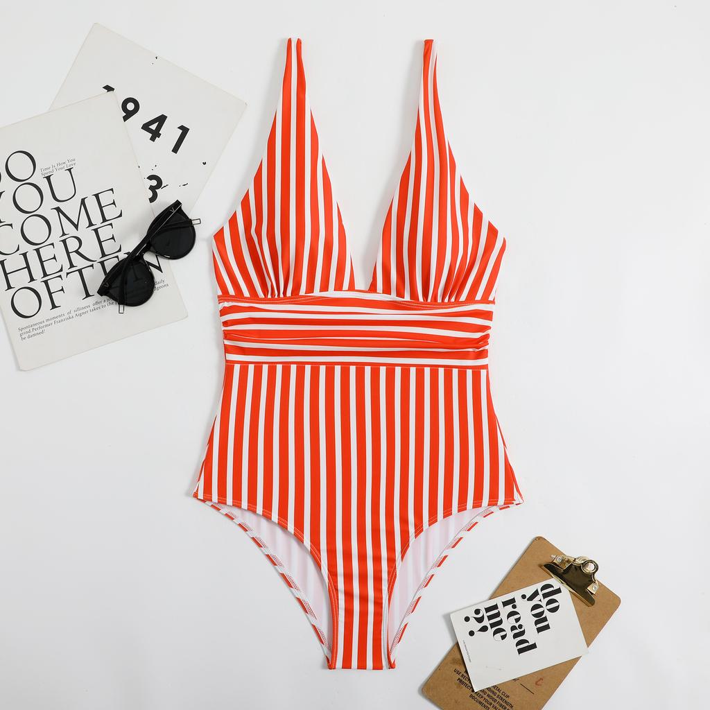New women's swimsuit multi-color printed waist V-neck back adjustment with chest pad one-piece bikini