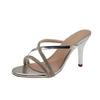 Fashion Rhinestone Cross Strap Stiletto Flip Flops Summer New Round Toe Open Toe Non-slip High Heels