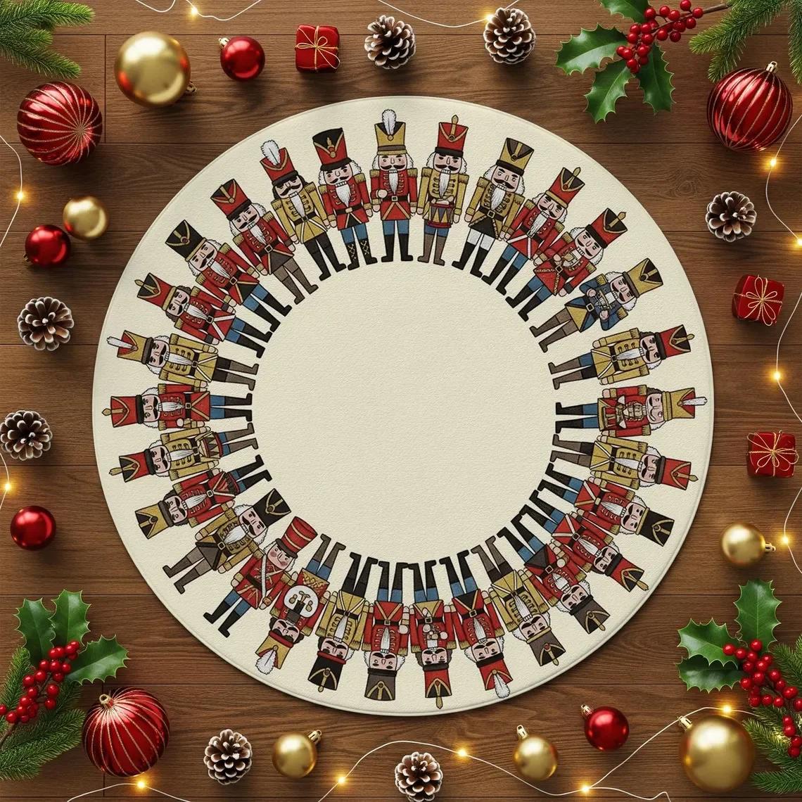 Nutcracker Character Round Rug  Checker Border Holiday Circle Carpet Xmas Round Area Rug Colorful Festive Christmas Round Mat 60cm