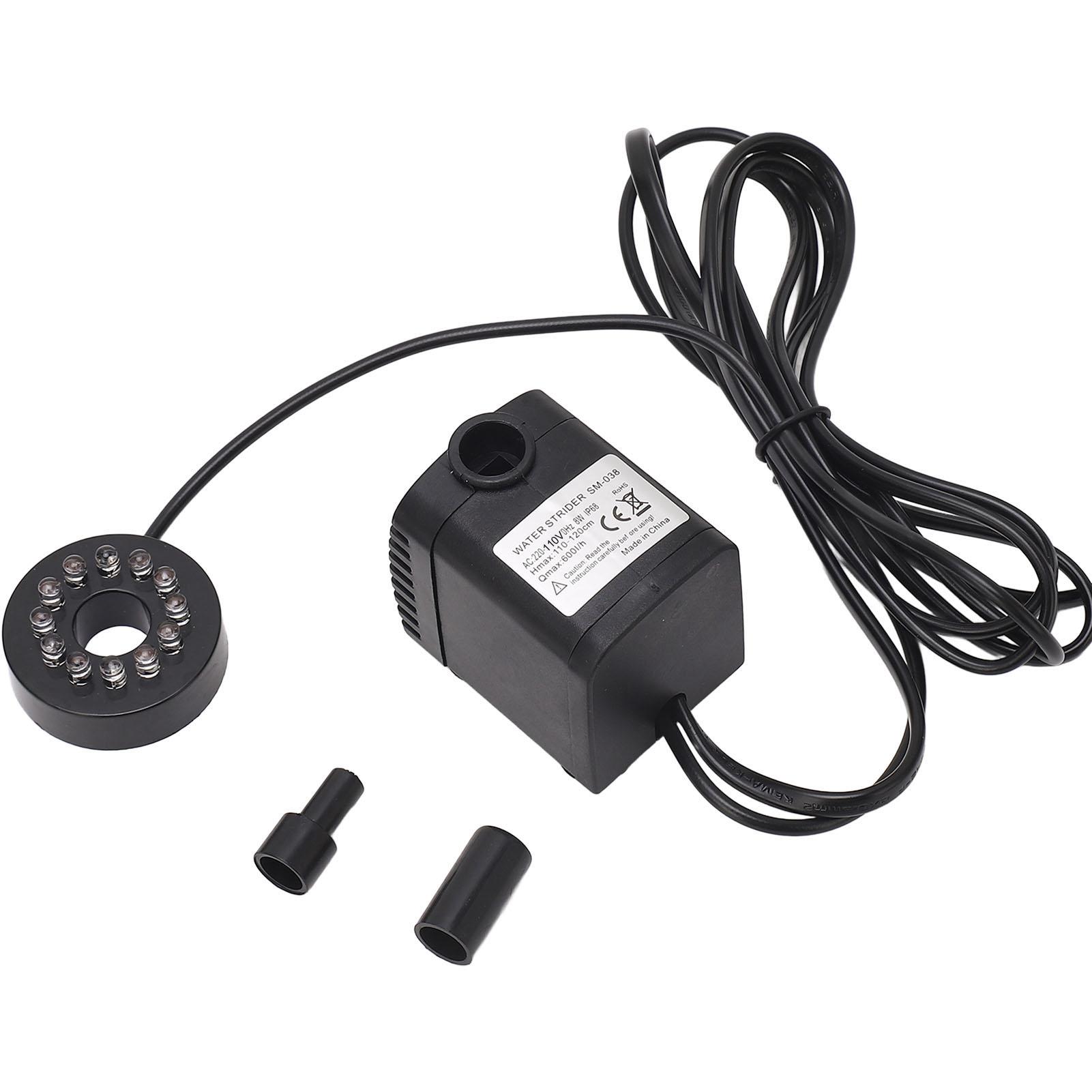 

Занурювальний насос 8 Вт 600 л/год IP68 Надтихий фонтанний водяний насос із кольоровим світлодіодним підсвічуванням для ставка, акваріума, акваріума, розетка США 110 В us